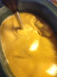 Here the soap has been cooking for a few minutes.  It starts out thin and will thicken to different stages while cooking